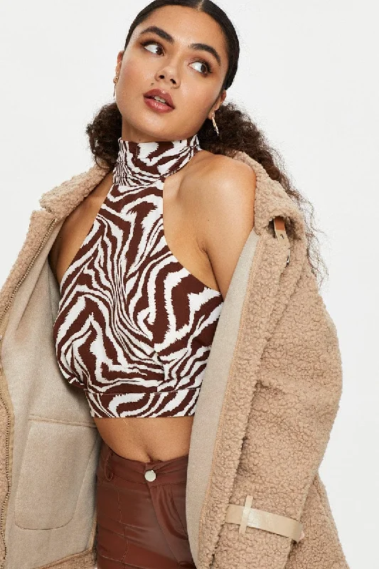 Stock Up and Save Print Sleeveless Zebra High Neck Crop Top
