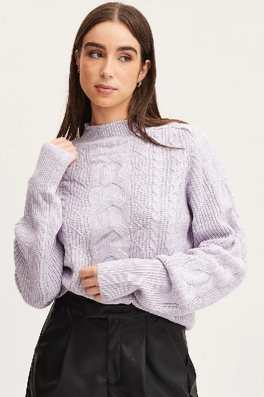 Discount Mania Purple Knit Top Long Sleeve Relaxed Turtleneck Cable