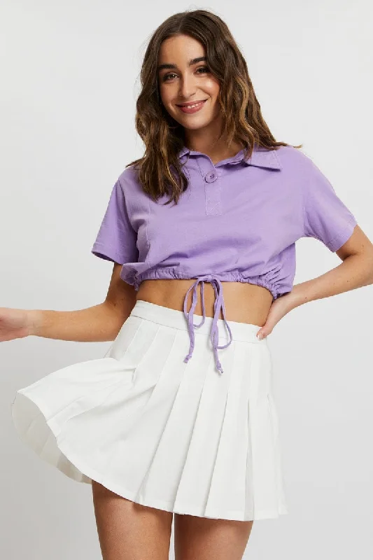 Savings Bonanza Purple Polo Collar Drawstring Crop Top
