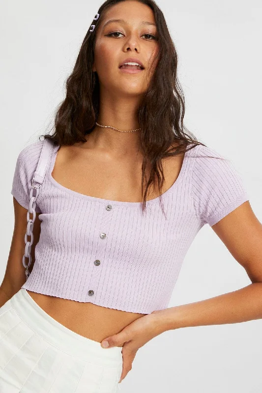 YEAR-End Clearance Purple Short Sleeve Rib Knit Scoop Neck Button Detail Cro
