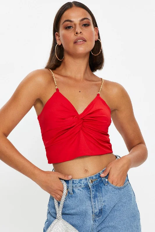 Sale Event Red Chain Strap Slinky Jersey Knot Front Singlet Top