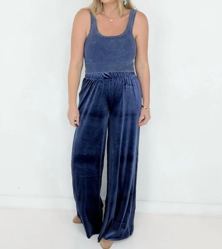 Incredible Offers Velvet Wide Leg Pants In Navy