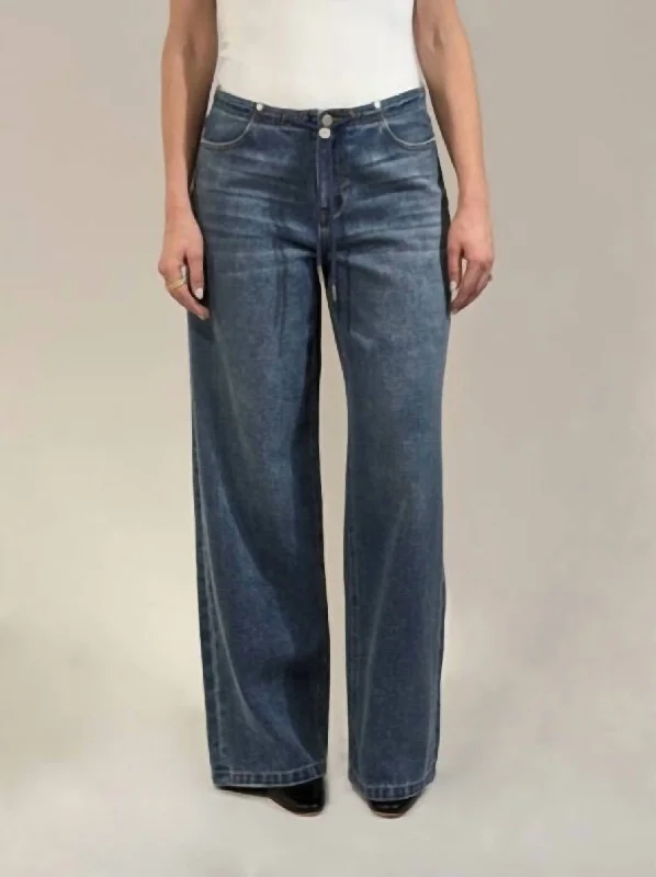 Can't Miss Western Drawstring Wide Leg Jeans In Dark Blue
