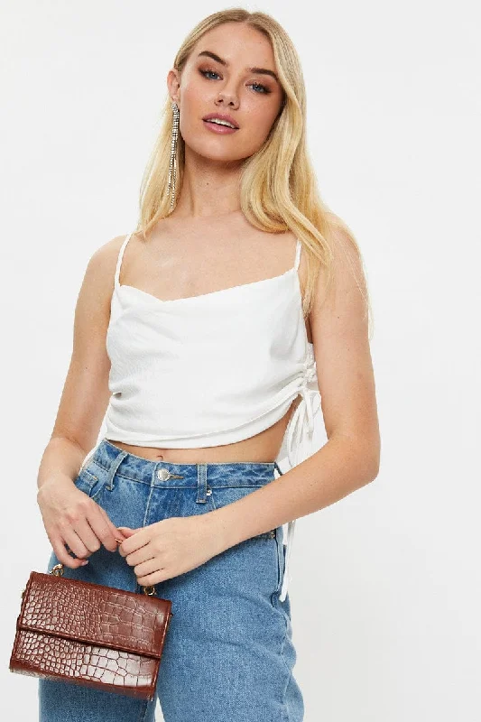 Limited Time White Designer Linen Look Cowl Neck Drawstring Top