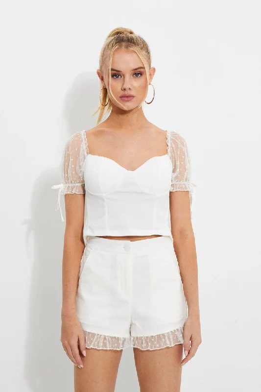 Incredible Offers White Dobby Mesh Ruffle Puff Sleeve Bustier Crop Top