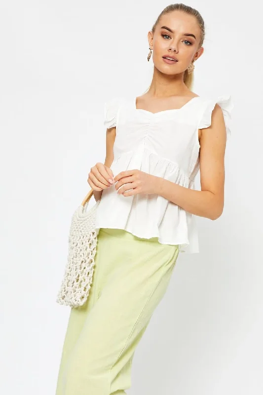 Deal Frenzy White Frill Sleeve Peplum Top