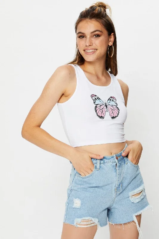 Buy Now White Jersey Butterfly Graphic Print Tank Top
