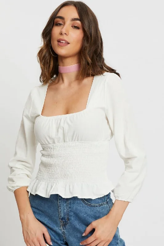 Act Now White Square Neck Ruched Top