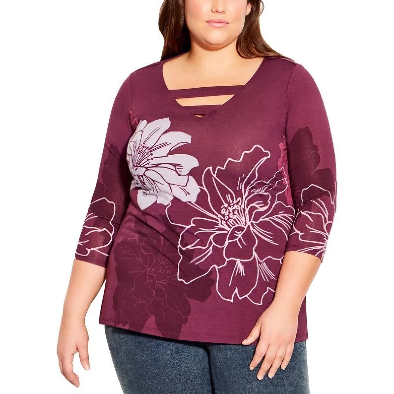 One-DAY Sale Avenue Womens Plus Floral V-Neck Blouse