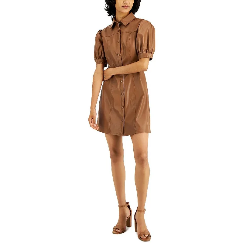 TIME-Limited Offer Kit & Sky Womens Juniors Faux Leather Puff Sleeves Shirtdress