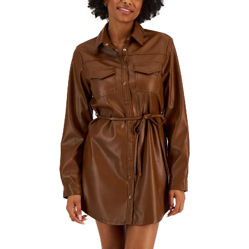 Bargain Prices Kit & Sky Womens Faux Leather Snap Front Shirtdress
