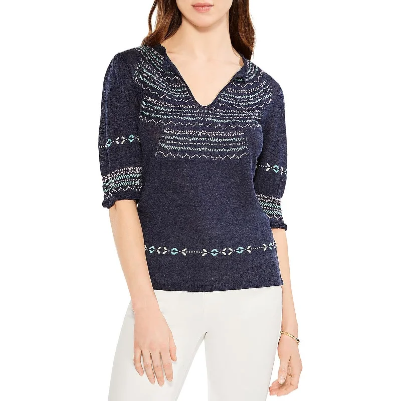 Super Deal Nic + Zoe Womens Ruffled Neck Linen Blend Blouse
