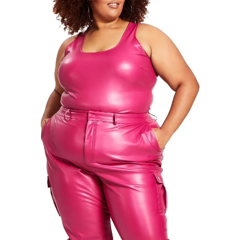 Sneak Peek Sale Nina Parker Womens Plus Faux Leather Sleeveless Bodysuit