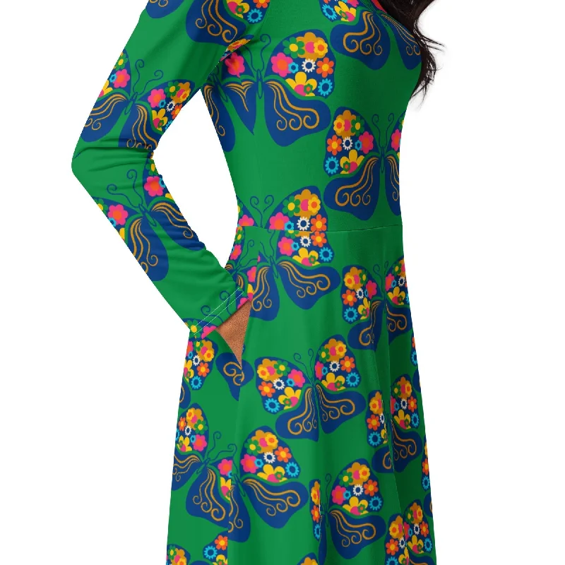 Quick Sale FAB FLOVERYFLY green - Midi dress with long sleeves and pockets