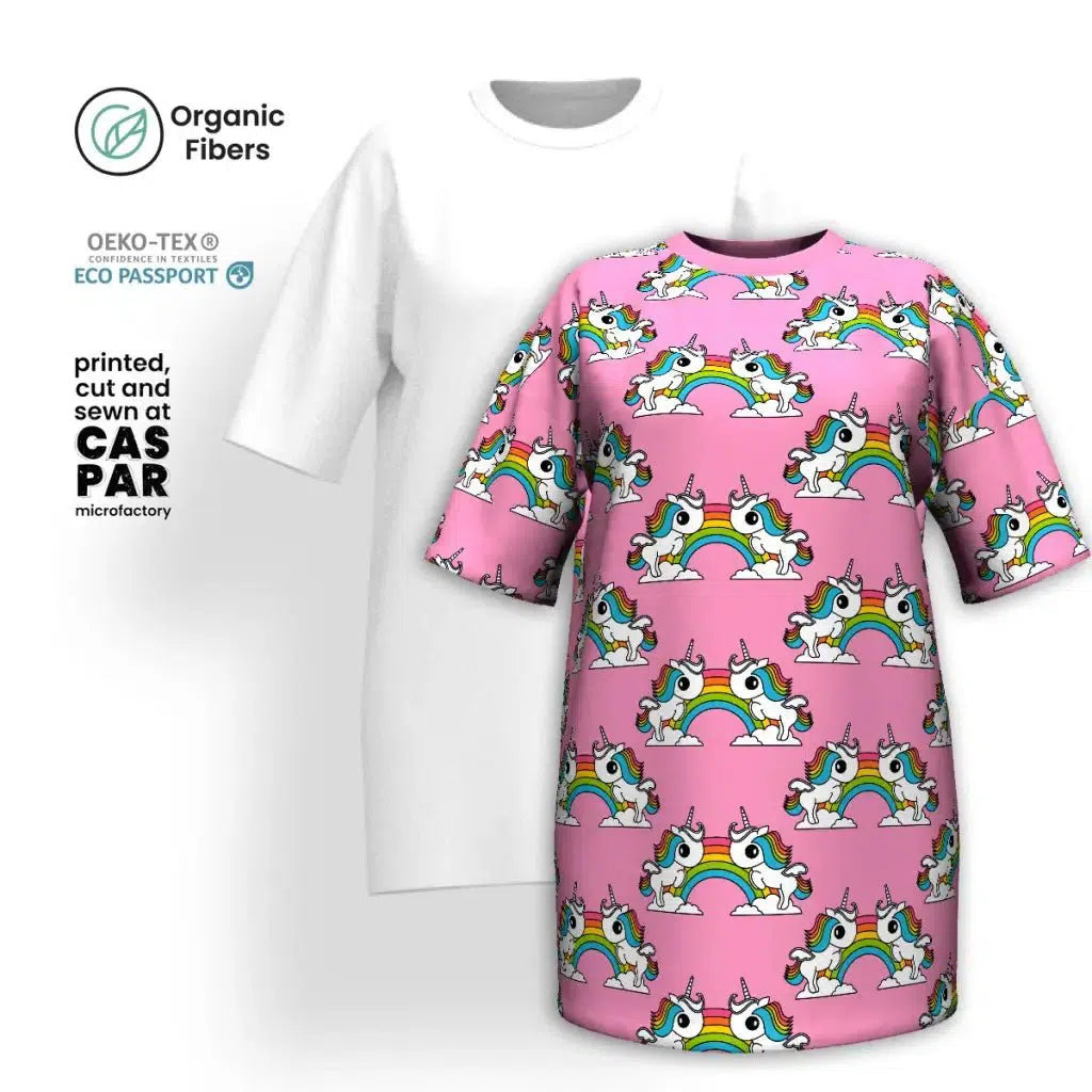 Don't Miss UNIQUE pink - T-shirt dress (organic cotton) with unicorns and rainbows