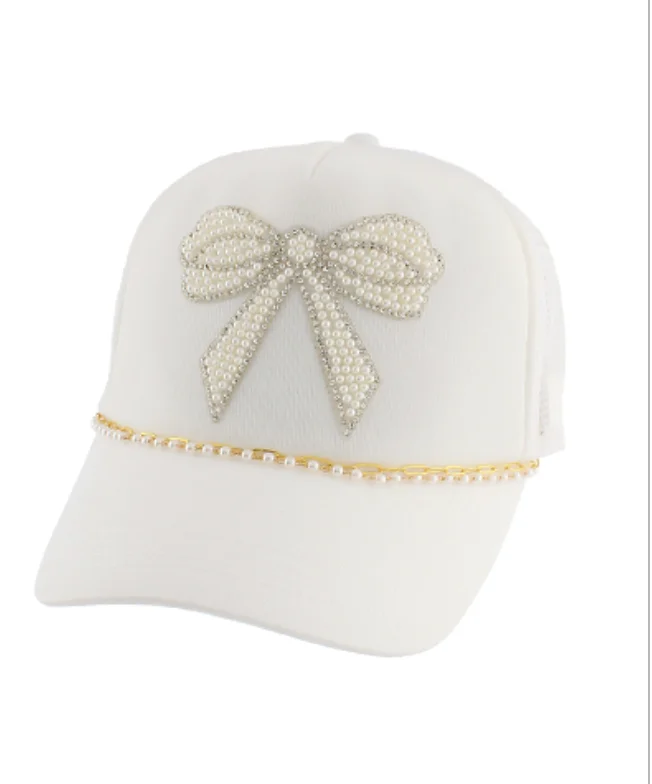 Price Drop Alert Beaded Bow Pearl Chain White Trucker Hat