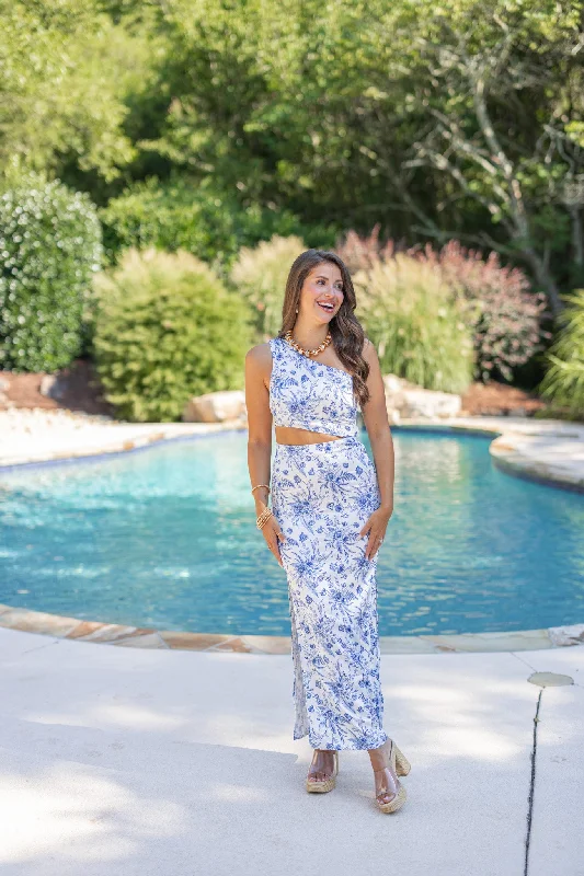 Best Bargains Blue Floral One Shoulder Maxi Dress