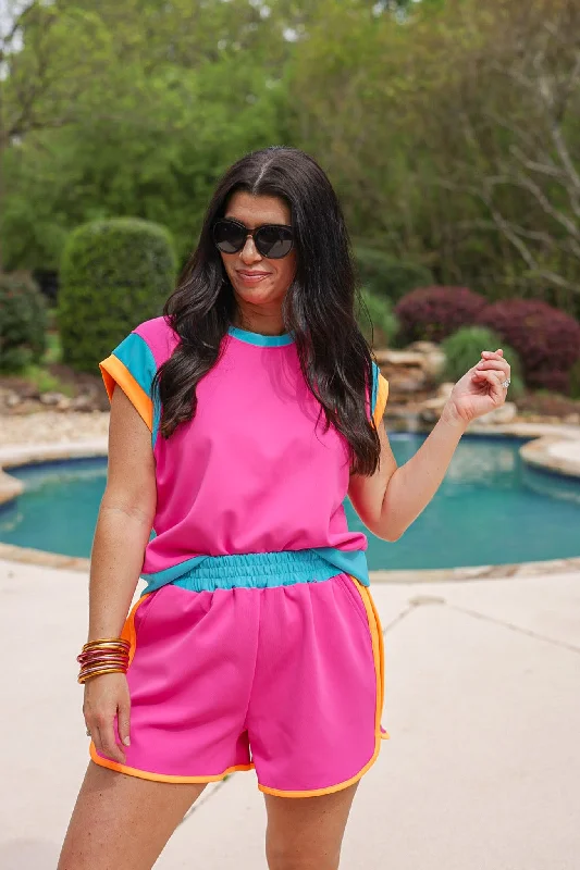 Closeout Sale Neon Summer Fuchsia Colorblock Shorts