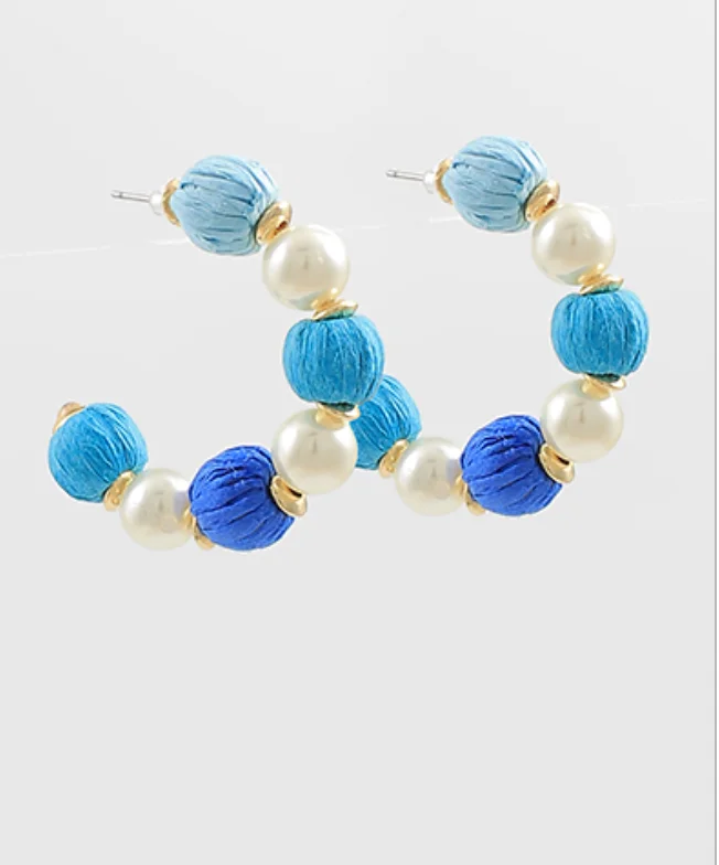 Instant Discount Pearl Raffia Blue Hoop Earrings