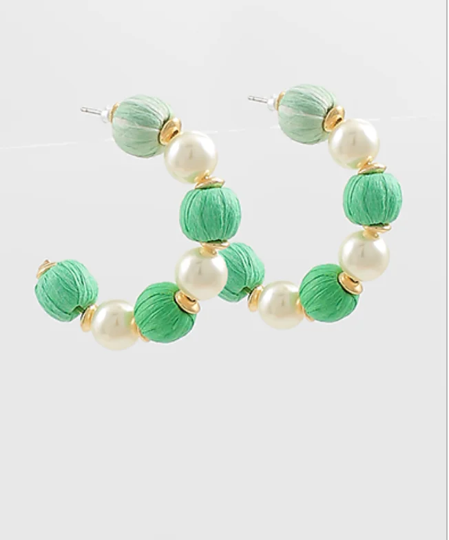 Major Savings Pearl Raffia Green Hoop Earrings