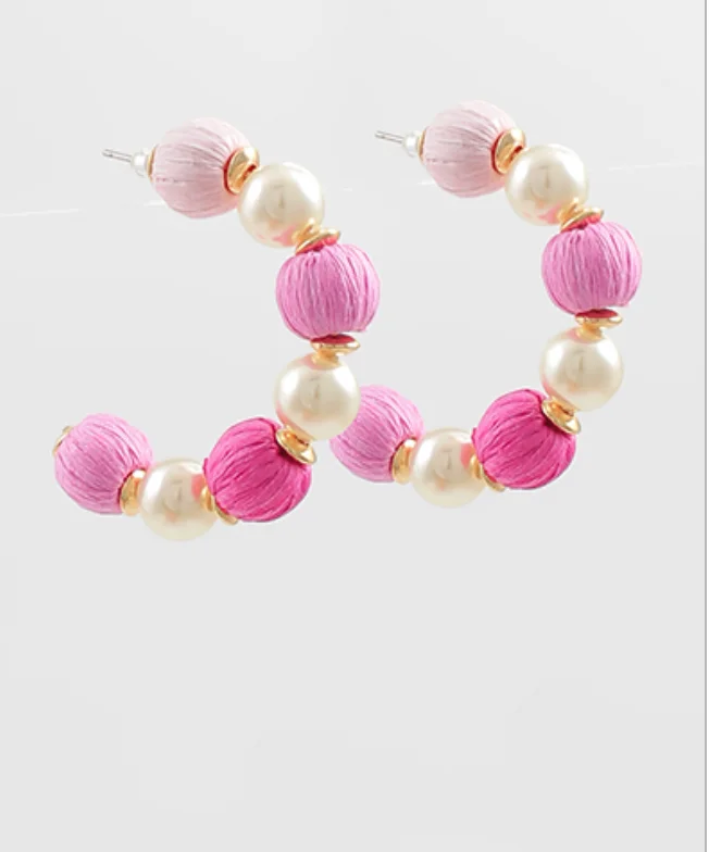 Limited Availability Pearl Raffia Pink Hoop Earrings