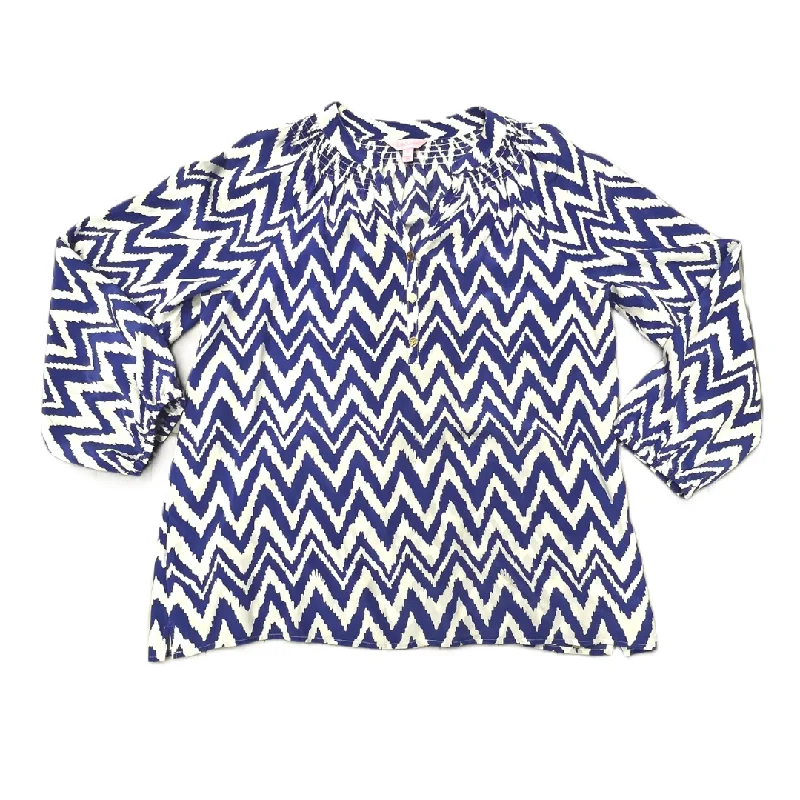 Instant Savings Top Long Sleeve Designer By Lilly Pulitzer In Blue & White, Size: L